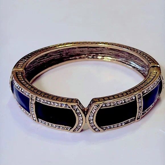 Heidi Daus Bangle Hinged Clamper Bracelet  Crystal & Black Enamel over Gold - Picture 2 of 9